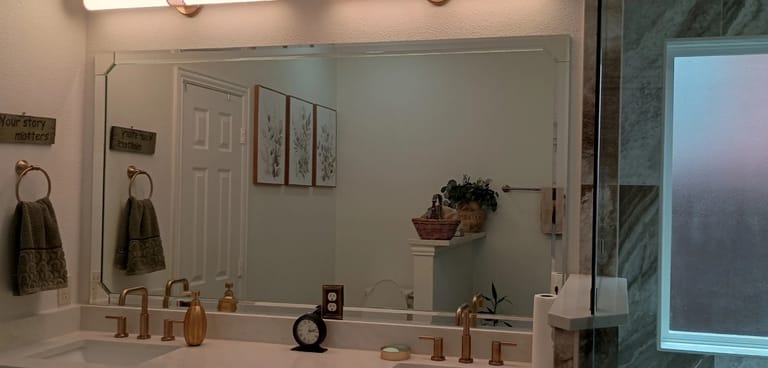 Remodeled bathroom with wide custom double vanity