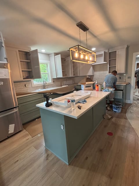 Island with pendant lighting